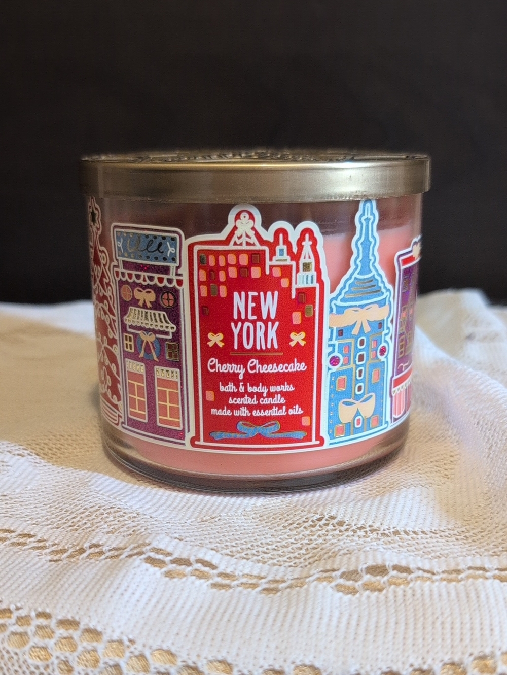 Bath & Body Works Pink New York Cherry Cheesecake 3-Wick Candle, Retired Scent
